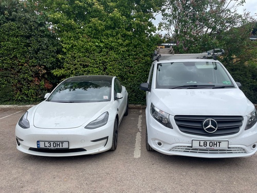 Leoht vehicles Tesla Model 3 and a Mercedes Vito